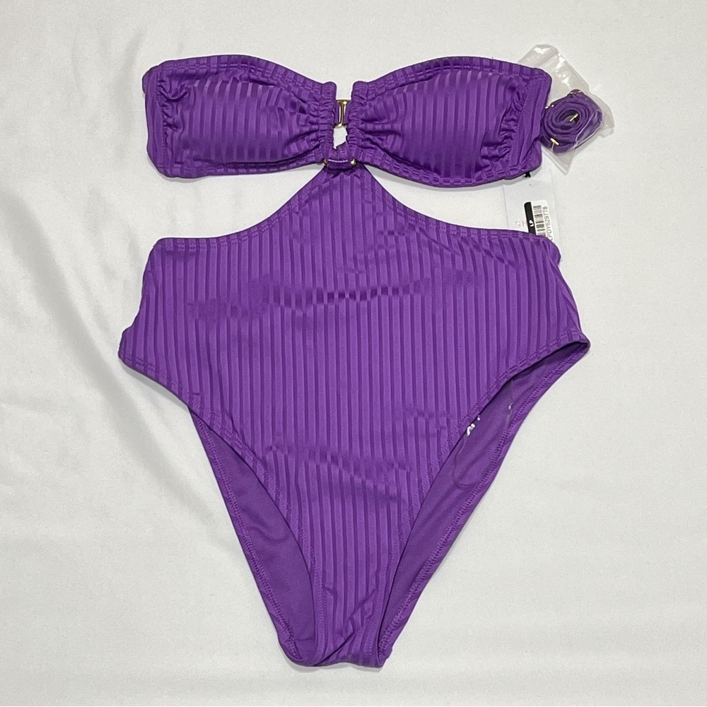 Shade & Shore Purple Ribbed Monokini Cutout Bandeau One Piece NWT Lavender S 4/6